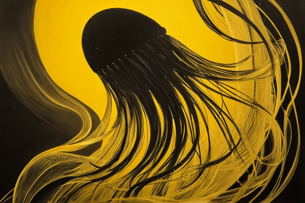 very large,one jellyfish,monochrome,old painting,yellow background