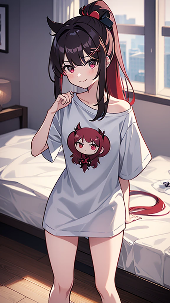 High tail hairstyle, two Ponytail hairstyle, Ponytail hairstyle, Long wavy black hair, standing posando, anime girl style, pixel art anime style,penetrating look with deep eyes,red and purple eyes, hair with a ponytail hairstyle trapped with a big red bun, women, red hair clips, x color shaped hair clips , smiling face blush, next to his bed, Black hair, thighs grandes, NSFW, from below, neckline, looking at the viewer, lascivious smile, ((oversized t-shirt)), off the shoulders, without pants, washing machines, thighs, ((White T-shirt)), standing, hands on the hips,