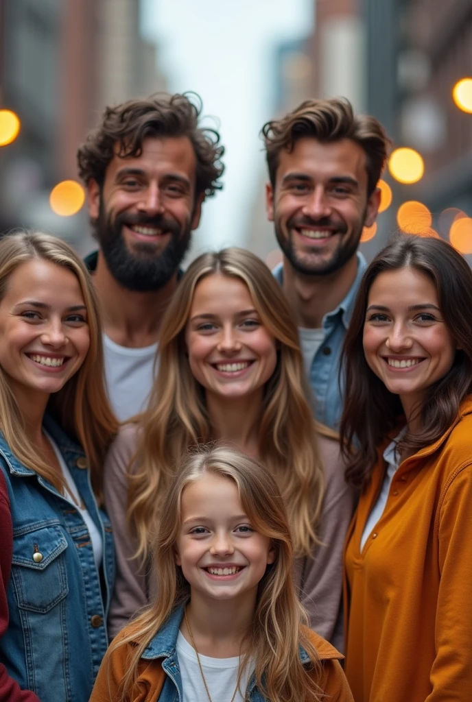 Create a 4 girls with same height with 2 tall guy and a small girl, close up photo