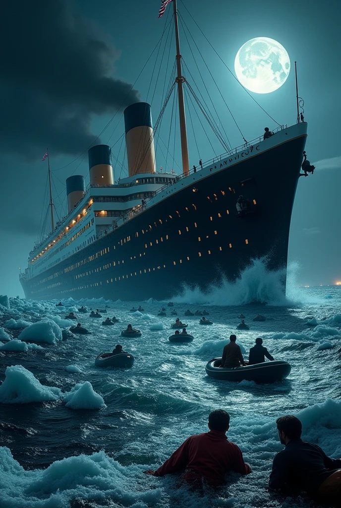 Titanic crash with iceberg, it is sinking , some people are trying to save their life. many people are floating, rich people are in boat, everyone crying.