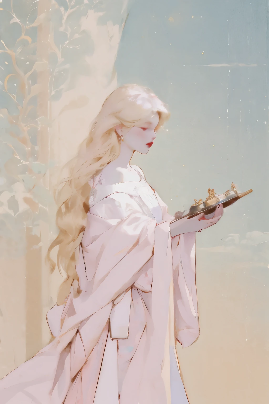 There was a woman in a white dress holding a music box, guweiz style artwork, guweiz on pixiv artstation, guweiz on artstation pixiv, Gu Weiss, Fantasy art style, Gu Weiss masterpiece, Beautiful and elegant queen, Beautiful character painting, Detailed digital anime art, Blonde Princess, White hair, Sky blue eyes, Pink lips
