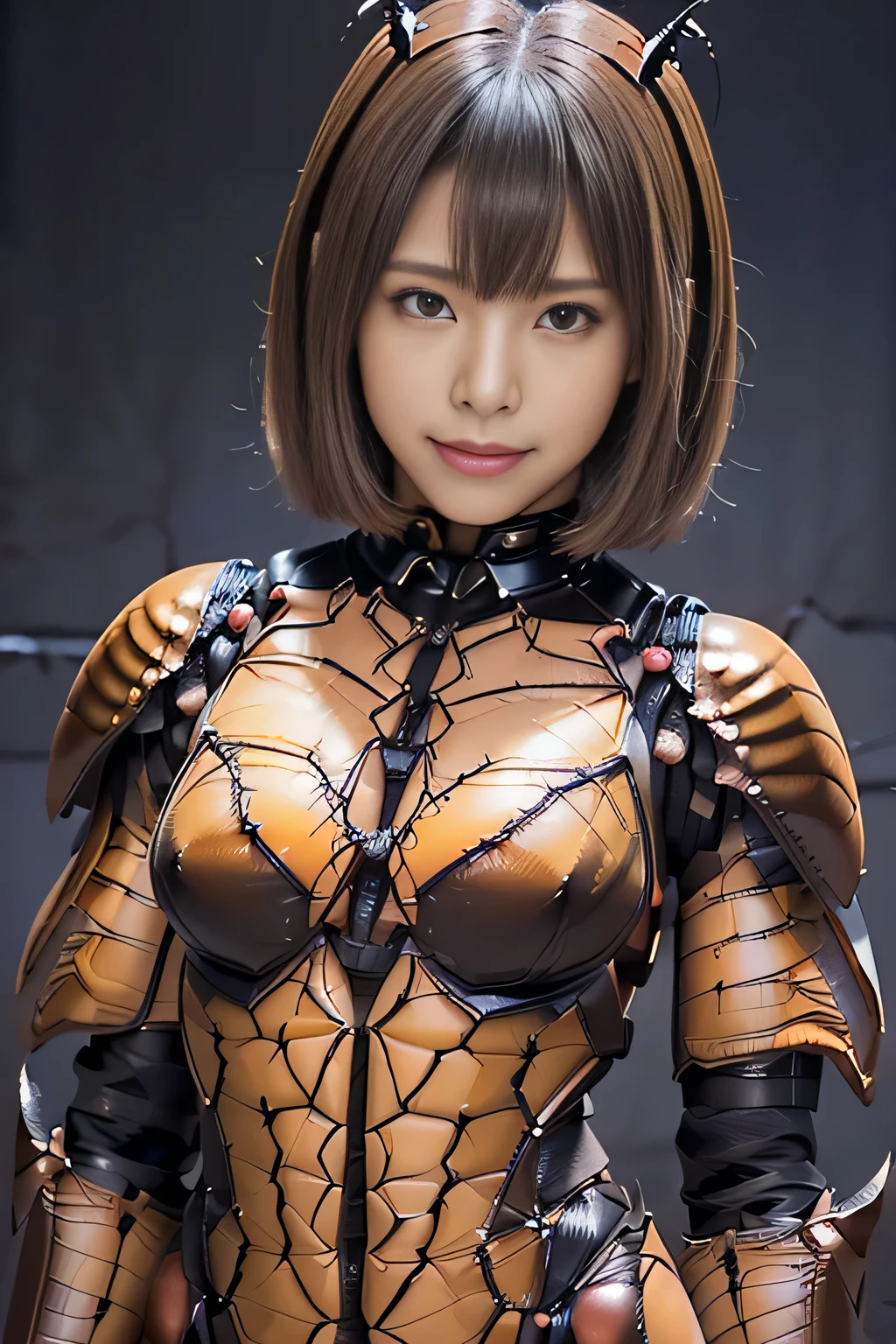 (high resolution,masterpiece,best quality,extremely detailed CG, anime, official art:1.4), realistic, photo, amazing fine details, all intricate, gloss and shiny,awesome many layers, 8k wall paper, 3d, sketch, kawaii, illustration,( solo:1.4), perfect female proportion,villainess, (fusion of dark brown roach and lady:1.4), (brown cockh form lady:1.2), (brown cockroacdy:1.2), (fusion:1.2), (solo:1.4), (evil smile:1.2), muscular, abs, (cockroach brexoskeleton bio insect suit:1.4), (cockroach brown keleton bio insect armor:1.2), (brown transparency cockroach wing:1.4),own cockroach antennae:1.3),