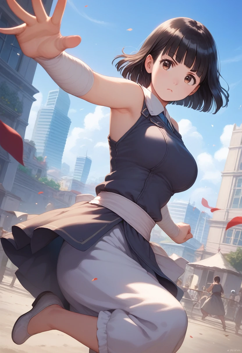 score_9,score_8_up,score_7_up,masterpiece,best quality, source anime, realistic, super detailed, extreme detailed, rating_safe, 
1girl, female Ultraman, fighting pose, 
BREAK 22yo, short hair, bob cut, (blunt bangs), black hair, (tareme, detailed cute brown eyes), curled eyelashes, (large breasts:0.9), 
shiny hair, beautiful detailed eyes, beautiful face, 
silver body, red lines, serious,
city, building, 