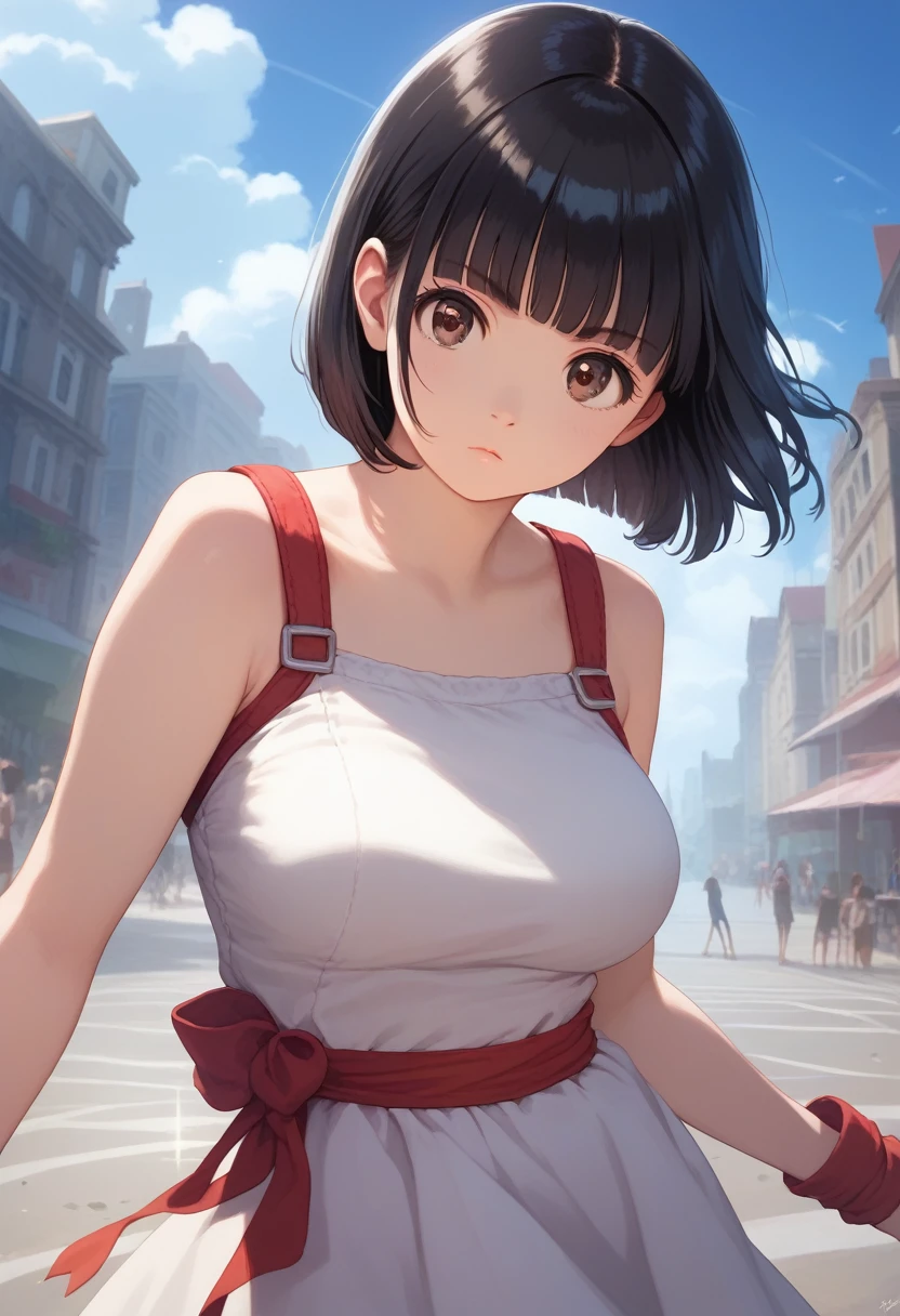 score_9,score_8_up,score_7_up,masterpiece,best quality, source anime, realistic, super detailed, extreme detailed, rating_safe,
1girl, female Ultraman, fighting pose,
BREAK 22yo, short hair, bob cut, (blunt bangs), black hair, (tareme, detailed cute brown eyes), curled eyelashes, (large breasts:0.9),
shiny hair, beautiful detailed eyes, beautiful face,
silver body, red lines, serious,
city, building,