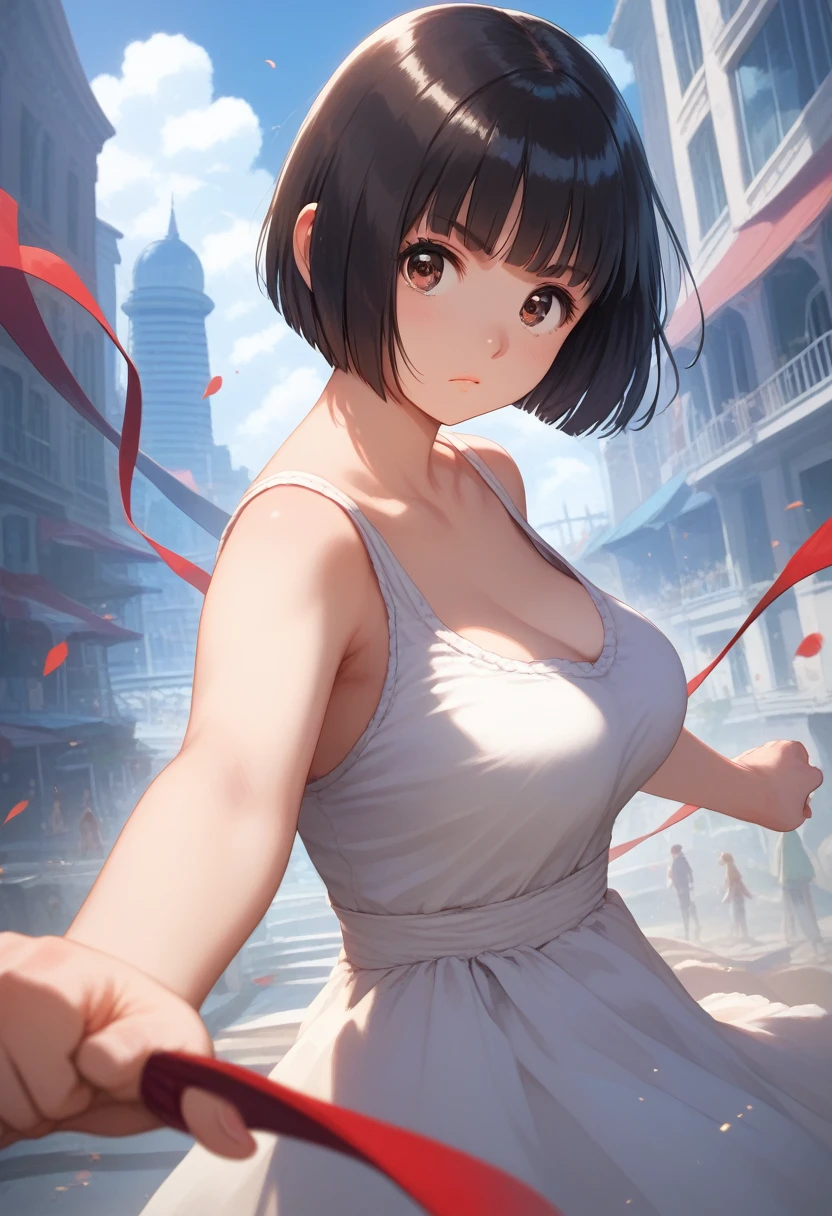 score_9,score_8_up,score_7_up,masterpiece,best quality, source anime, realistic, super detailed, extreme detailed, rating_safe,
1girl, female Ultraman, fighting pose,
BREAK 22yo, short hair, bob cut, (blunt bangs), black hair, (tareme, detailed cute brown eyes), curled eyelashes, (large breasts:0.9),
shiny hair, beautiful detailed eyes, beautiful face,
silver body, red lines, serious,
city, building,