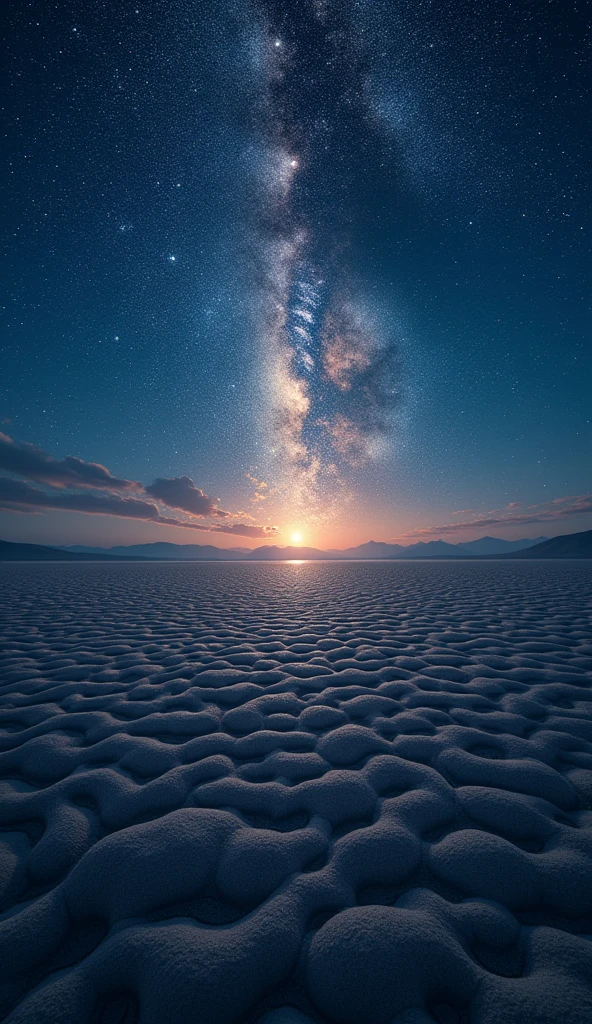 Imagine a vast, open plain under a night sky filled with countless stars that sing. The stars emit a soft, melodic hum that resonates with the earth below, causing the ground to pulse gently with the rhythm of the cosmic music. The air is filled with tiny, glowing particles that dance to the celestial tune, creating a mesmerizing, ethereal spectacle.
