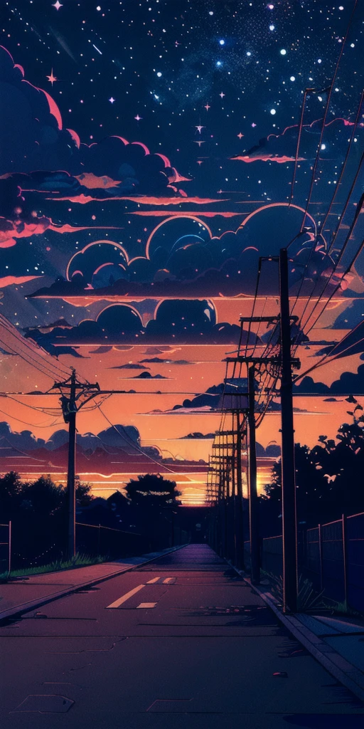 Retro_neon, cloud, null, No humans, scenery, Outdoor, Power lines, sunset, star (null)