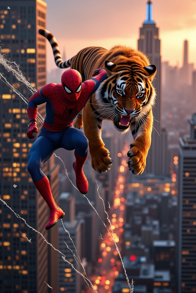 Spider-Man shoots webs to restrain the tiger, but the tiger’s strength surprises him. The tiger breaks free, leaping at Spider-Man with powerful swipes. Spider-Man dodges, using acrobatics and quick reflexes, but the tiger is relentless.
