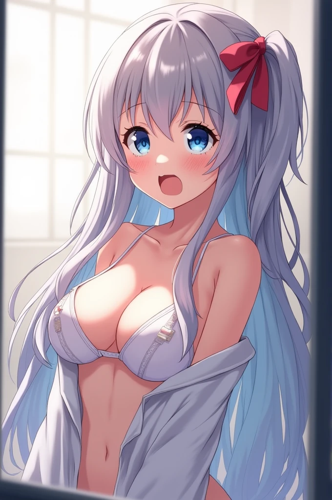 anime girls with big tits naked in white and gray color tones 1 girl, letterboxed, breasts, blue eyes, bandaids on nipples, pasties, long hair, hair ribbon, blush, clothes lift, open mouth, ribbon, upper body, bangs, white shirt, shirt lift, solo focus, indoors, shirt, hair between eyes, red ribbon, medium breasts, bandaid