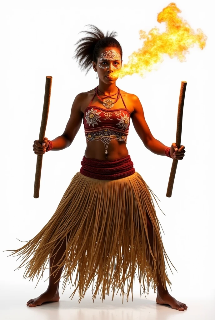 drawing of a woman from the front, spitting fire with body paint on top, with a straw skirt, and wooden sticks in both hands, dancing maculele, with white image background