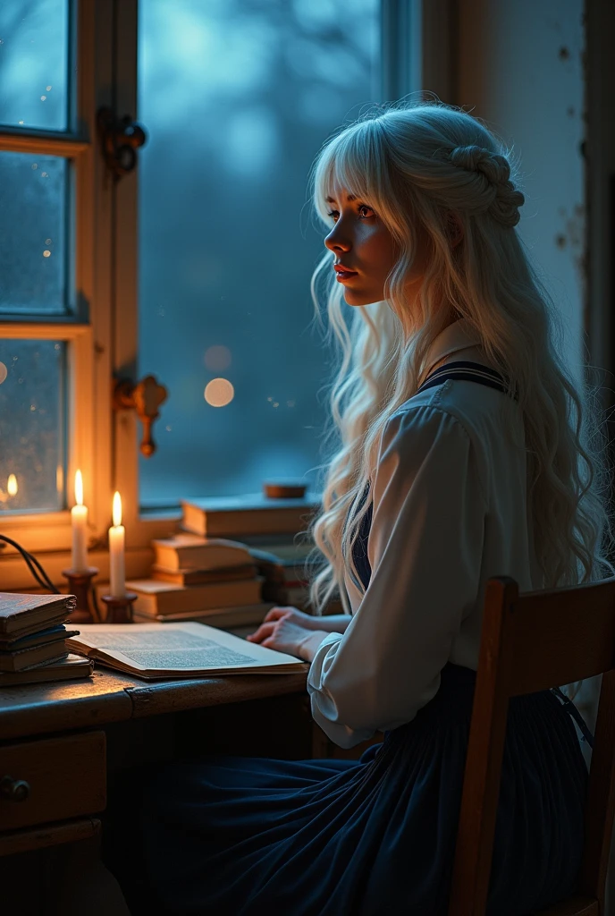 (photorealism:1.2), beautiful woman, wearing school uniform, sitting chair, watching outside, night, in the class, have white hair, have red eyes