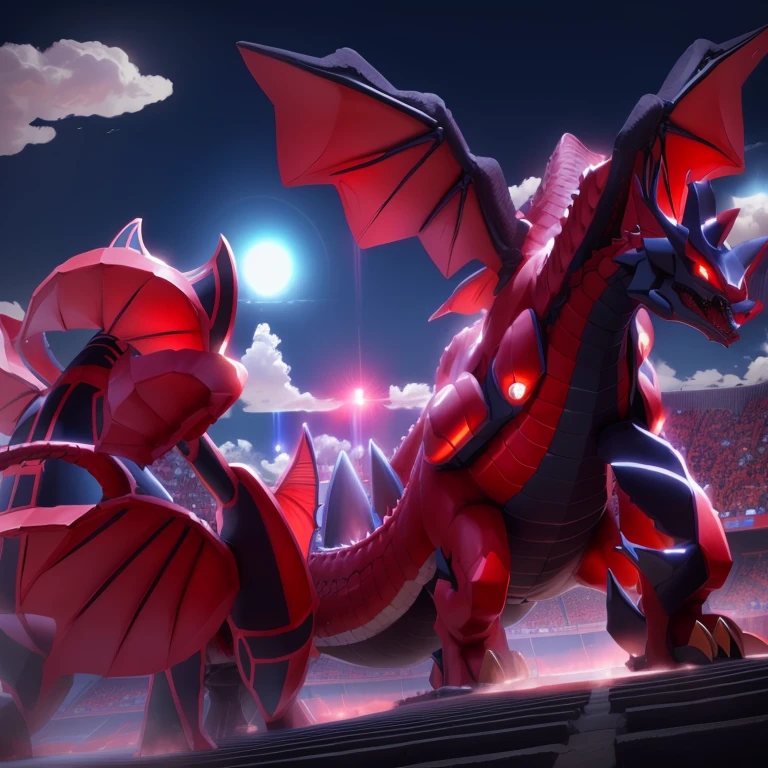 pokemon is standing next to a giant dragon in a stadium, giratina, colossal dragon in background, dialga the pokémon, new pokemon, pokemon military drill, intense battle, official art, slifer the sky dragon, pteranadon styling, pokemon sword and sheild, huge battle, gelbooru anime image, mega legendary