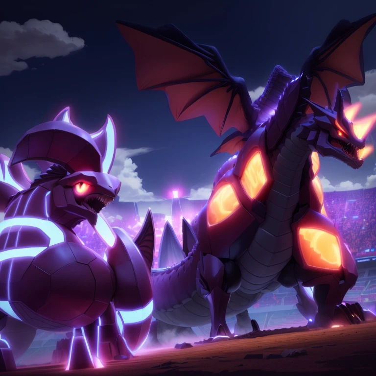 pokemon is standing next to a giant dragon in a stadium, giratina, colossal dragon in background, dialga the pokémon, new pokemon, pokemon military drill, intense battle, official art, slifer the sky dragon, pteranadon styling, pokemon sword and sheild, huge battle, gelbooru anime image, mega legendary