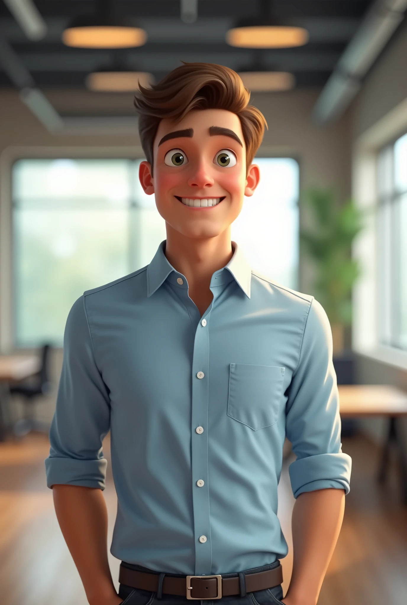 Pixarstyle A waist-high portrait of a young man in an office shirt, smile, office, natural skin texture, 4K textures, HDR, intricate, highly detailed, sharp focus, cinematic look, hyper-detailed