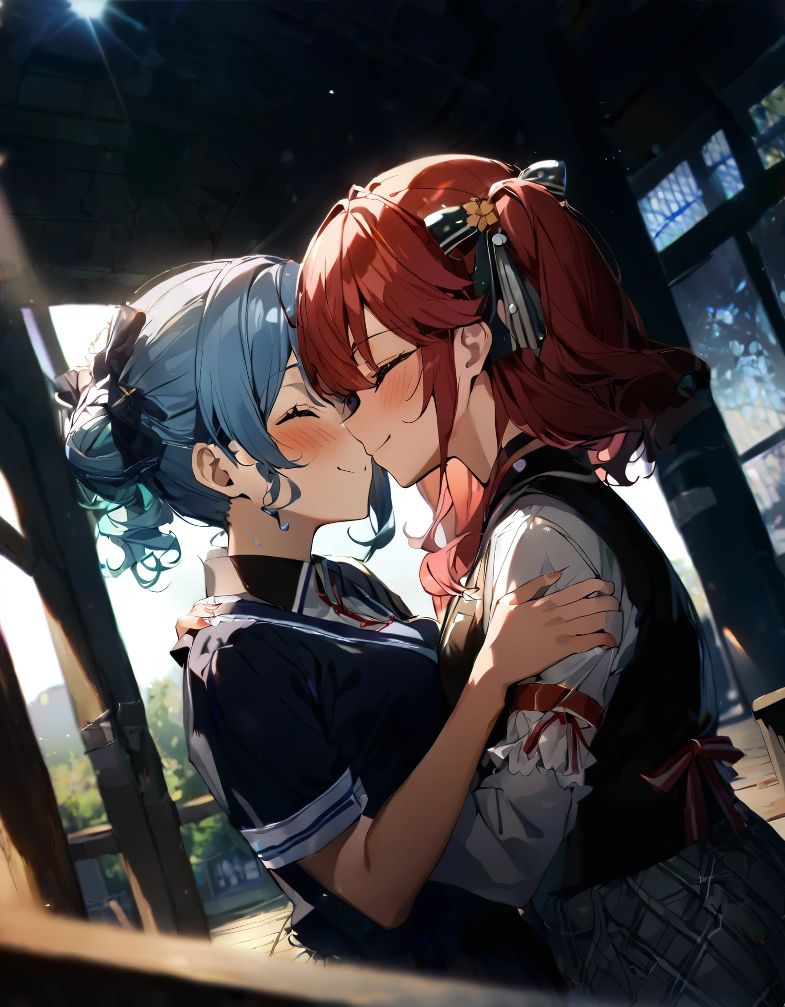 (((2girls))), together, two people, masterpiece, best quality, integrated scenery, integrated background, extremely delicate and beautiful, meticulous details, good composition, closed_eyes, cute face, perfect face, perfect hands, fingernails, sakura miko, SakuraMiko, HoshimachiSuisei, hoshimachi suisei, blurry background, sunlight, light blush, ((school)), upper body, looking each other, smile, , (hugging each other),in_school,sunlight,kissing,happiness,