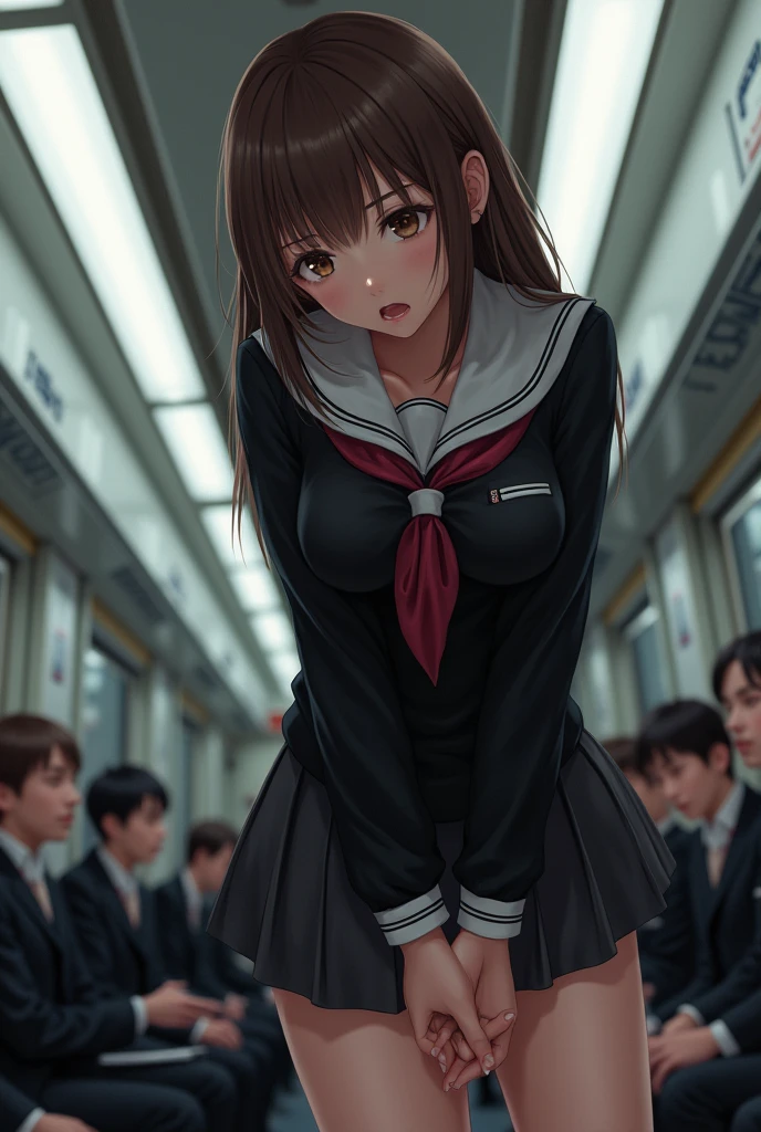 (detailed fingers,detailed hands,detailed eyes:1.5),(shoot from below:1.2),(train interior:1.5),(standing:1.5),(leaning forward),(hand between legs:1.7),remote play,(remote vibrating:1.2),(female orgasm:1.5),(pussy juice:1.5),(embarrassed,blush:1.2),(steam:1.5),(sweat skin:1.5),(saliva:1.3),(looking down at viewer:1.5),(black school uniforms:1.5)
