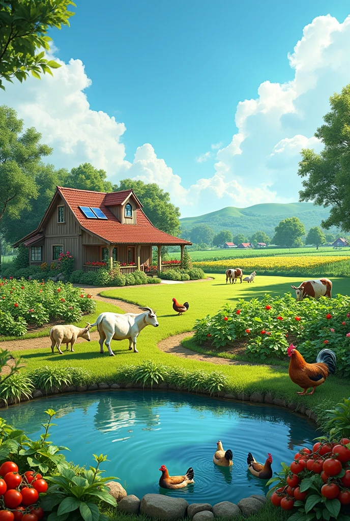 A farmland  with a sustainable house and some animals like goat, cow , hens and ducks in pond please add vegetable garden . With farm land