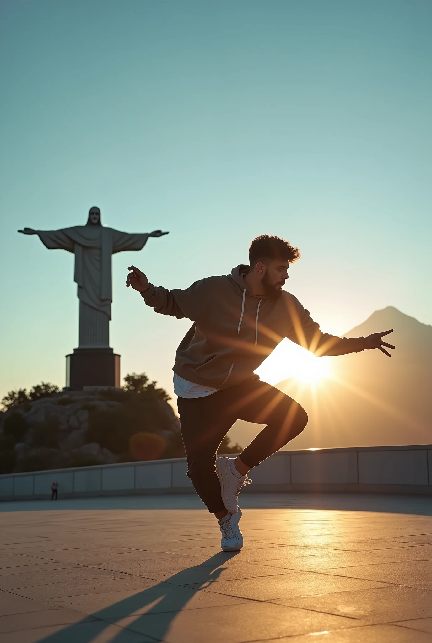 "A breakdancer in a dynamic jump pose , captured at sunset in an iconic setting that combines the Christ the Redeemer statue and Mount Fuji in the background. The dancer displays powerful and fluid movements, wearing casual and modern clothing that contrasts with the grandeur of the monuments. The soft sunlight illuminates the scene, creating dramatic shadows and a cinematic atmosphere, while the clear blue sky adds depth and serenity to the moment."