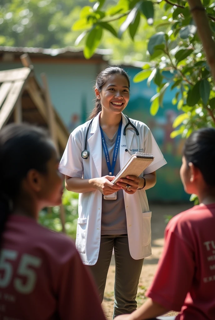 a female Filipino doctor in a rural area treating patients with diarrhea, educating them on the importance of boiling the water fetched from the well, and advocating for them through raising of funds for building deep well