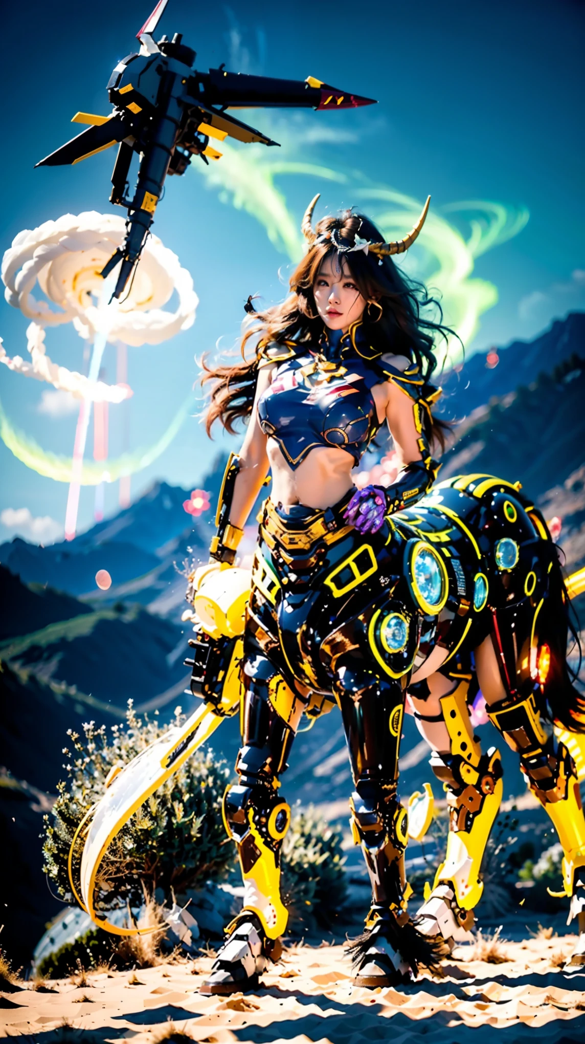 In the beautiful illustration of this super-grand scene,The ultra-distant lens shows us(More than eight distinctive and beautiful female centaurs,Half man, half horse,Half man, half horse角色:9.9),Their personality、Distinctive and vivid features。from(A radiant, angelic, snow-white centaur from heaven:1.1),arrive(Nightmare-like fiery red centaur surrounded by flames:1.1)、再arrive(Green Centaur, the wind fairy dancing in the air:1.1)、再arrive有(One-horned blue centaur surrounded by lightning:1.1),arrive(A mechanical-style mecha Centaur shining with metallic light:1.1)、再arrive(A powerful dragon-shaped centaur wearing colorful dragon scale leather:1.1)、再arrive(A slender elven centaur that is graceful and agile:1.1)Gracefully wears a flower crown、arrive(Enchanting and charming Tiflin centaurs:1.1)、再arrive(A succubus centaur with an indescribably y feeling:1.1)。Each Centaur character fully demonstrates his unique style。The illustration uses advanced artistic techniques and tools,Use nesting、Weaving、Splicing、perspective、interlude、Montage and other artistic techniques,Divide the scene into sections by geometric arrangement,Each part corresponds to a role,from而更有效地利用了空间,Make eight centaurs exist in one picture at the same time,(The style tends to be grotesque、Hayao Miyazaki、Aesthetic、Unavailable:3.3)。Through Midjourney's advanced brush tools、Color palette、Material packs和模型包、Texture tools,For each centaur, beautiful props are designed to increase racial characteristics、Clothing and physical features,Enhances the character's personality and visual appeal,(Stunning landscapes in illustrations,There are changing skies、rainbow、aurora、Stars and Moon,Incorporating iconic landmarks such as Mount Everest,and fireworks、A tranquil lake、Natural and urban elements of waves and neon lights,Creates a magical atmosphere:1.5),Centaurs demonstrate their unique abilities and equipment in a variety of environments,This is true even in extreme alien landscapes。Use Midjourney's tools、Material packs、Texture tools、The color palette makes depicting details vivid and realistic,from复杂的发型和以及不同的种族特质、Body、Appearance features、服装arrive真实的纹理,Greatly improved the realism of the Centaurs and their surroundings,The fusion of multiple art styles adds dynamism to the character's movement at every angle,The overall visual experience is further enriched。The final illustration was described as a "masterpiece",It has the characteristics of "best quality" and "realistic",The details put into the creative process are shown、Level of creativity and craftsmanship。 hdr,(Reality,Masterpiece quality,Best quality)