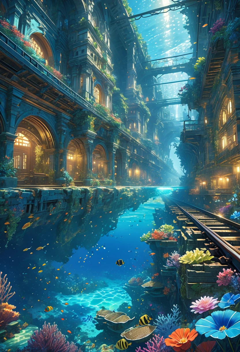 score_9, score_8_upper, score_7_upper,(((an underwater city))),Sea,seabed,A city sunk to the bottom of the sea,train,ruins,beautiful海,Sunken rail,(((Blue overall color))),summer,Streaks of light from the water surface,(masterpiece, Highest quality, Highest quality, Official Art, beautifull, beautiful:1.2,Ray Tracing),Very detailed,Blue tones,Very detailed, (Fractal Art:1.3), Most detailed, High resolution, Impressive visuals, (Dynamic Stripes, Light trail:1.2), Detailed Images