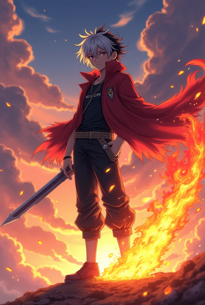 アニメ, beautiful boy, half white and half black hair , bladed weapon, feux sur la jambe droite, pouvoirs du feux, 18 year old boys