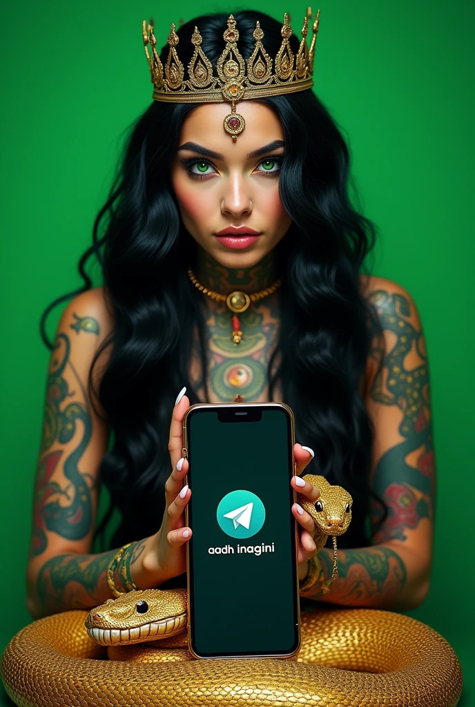 This image features a stylized  girl with long, black hair and green eyes. She is serpent queen with crown  with tattoos visible on her arms . Her pose is confident, with her arms hold a mobile phone like apple 14 pro max and sitting in a kingdom. 

Next to her is a mobile phone screen displaying a Telegram interface. The screen shows the name "Aadhi Naagini" prominently at the top, and there is a golden cobra with a menacing expression in the lower part of the screen. The cobra is detailed, with its hood flared and mouth slightly open, giving it a powerful presence.

The background is a solid green color, giving the image a clean and modern look. The overall vibe of the image is edgy and bold, with the tattoos and cobra adding a touch of mystique and strength to the character.