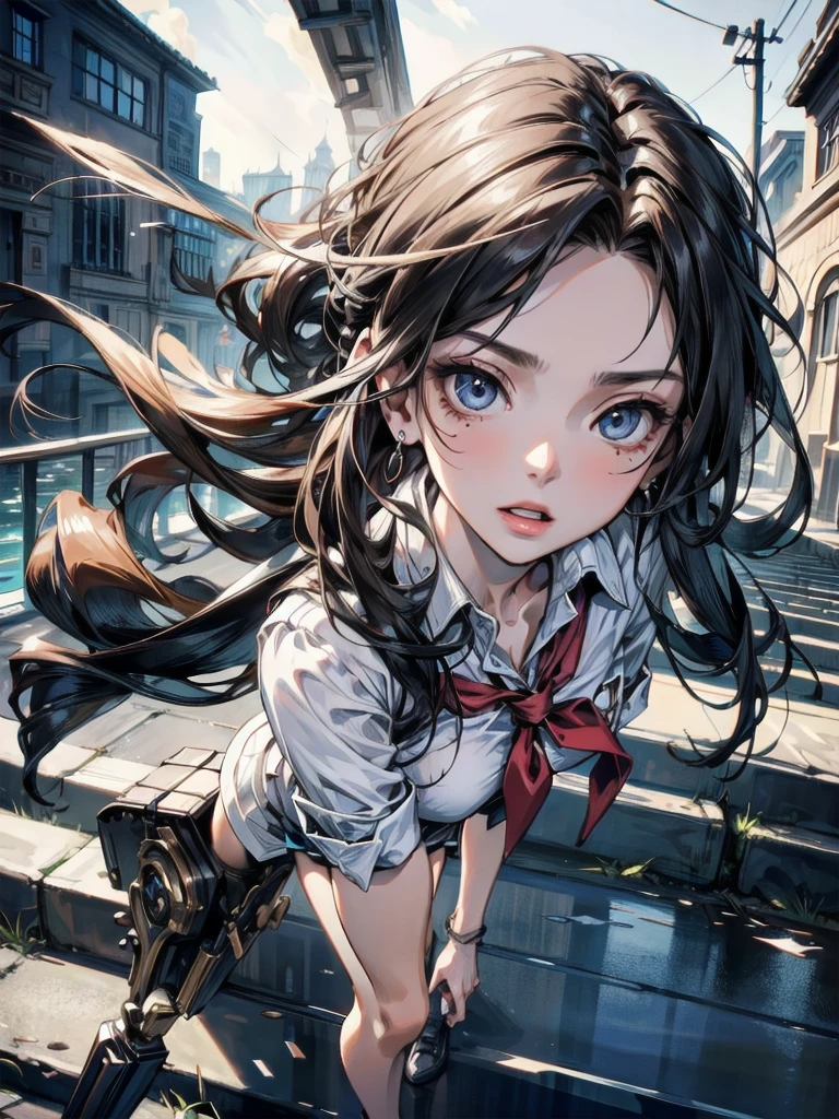 (full body shot), absurdres, RAW photo, extremely delicate and beautiful, masterpiece, Best Quality, ultra high resolution, 32k, hyperrealistic, realistic, photorealistic, photo-realistic, ultra-detailed, Very detailed CG 8k wallpaper, detailed background, landscape, Beautiful Lighting, Perfect Lightning, Realistic Shadows, perfect anatomy, anatomically correct, ideal ratio body proportions, perfect figure, Perfect Style, Perfect balance, super Detailed skin, in her 30s, very Slim body, narrow waist, very small head, very small face, delicate facial features, handsome detailed woman, very detailed eyes and face, realistic face proportions, Realistic beautiful face, Realistic beautiful eyes, tearful mole, earring, (very huge round tits), medium hair, asymmetrical hair, wavy hair, (school uniform), dress shirt,
