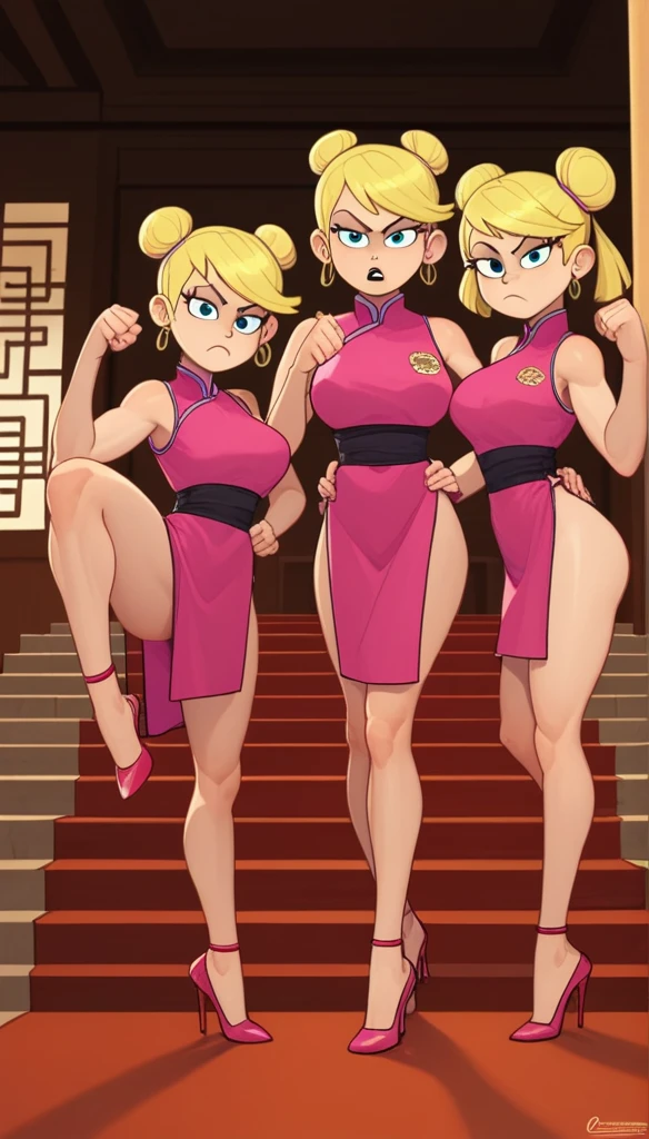 lola loud, 3girls, trio, 24yo girl, large breasts, pink cheongsam, inside of a chinese temple, looking at viewer, blonde hair, two hair buns , hands score_9, score_8_up, score_7_up, high heels, teep fighting stance,martial arts, stairs behind her, guarding the stairs, adoor begind the stairs, they wear the same outfit, they are twins