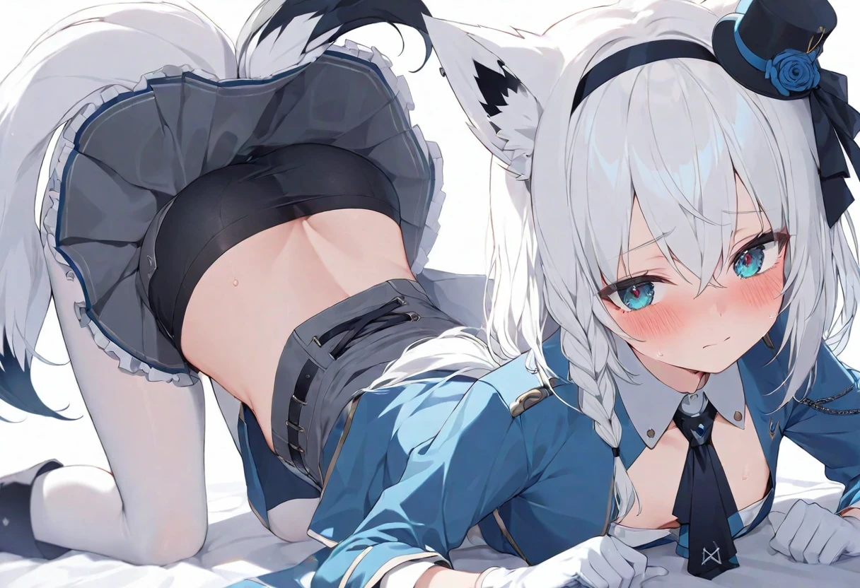 (muste piece), (best quality), (score_9, score_8_up, score_7_up), very detailed eyes, expressive eyes, perfect face, very detailed face, highly detailed face, beautiful girl, 8K, beautiful girl, white background, delicate and beautiful face and eyes, dark intense shadow, 1 girl, vtuber style, cool girl, hololive, Shirakami Fubuki, fubuki_elegant, braided ponytail, blue coat, deep blue ascot, corset, collared shirt, grey skirt, frilled skirt, white pantyhose, white gloves, mini top hat, hairband, blue rose, white hair, piercing, fox tail, skirt_lift, white underpants, cameltoe, small chest, shy expression, blush, (full body), doggystyle, sweating, from back, ass focus,