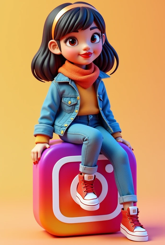 Create a 3D illustration of an animated character sitting casually on top of a social media logo "Instagram". The character must wear casual modern clothing such as jeans jacket and sneakers shoes along with scarf red lipstick and the girl is cubby and pretty. The background of the image is a social media profile page with a user name "Rabiya Umair" and a profile picture that match.