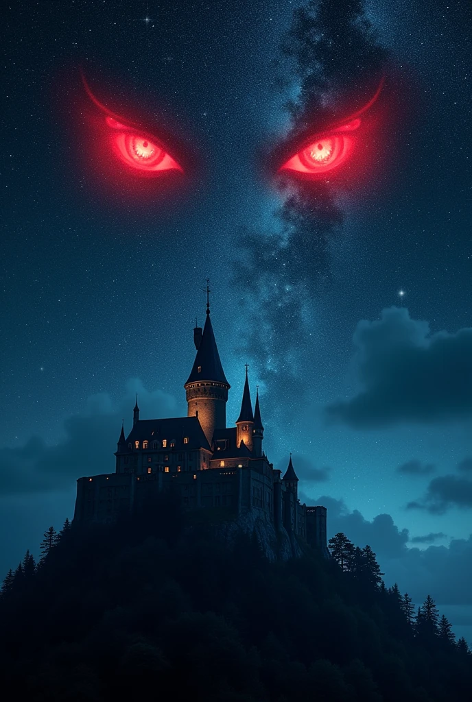 a picture of a ((of 2 glowing red eyes: 1.3)) formed in the night sky full of  stars, BREAK a ((2 of vampire fangs: 1.3))  formed in the night sky ((full many of stars, shining stars: 1.5)), dark goth fantasy castle background,Ultra-high resolution, High Contrast, (masterpiece:1.5), highest quality, Best aesthetics), 16K fantasy art, best details, best quality, highres, (ultra wide angle: 1.2), 16k, [ultra detailed], masterpiece, best quality, (extremely detailed)