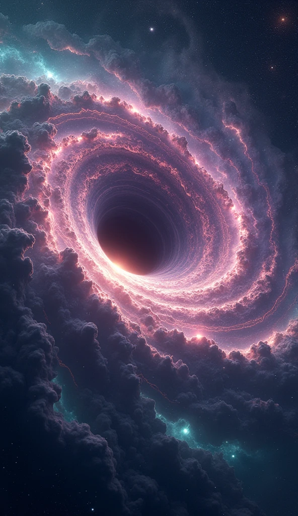 Imagine a surreal and mystical black hole at the center of a vast, ethereal galaxy. Instead of being a void of darkness, this black hole glows with an iridescent aura, surrounded by swirling rings of light that shimmer in hues of deep purples, blues, and emerald greens. The event horizon is a mesmerizing spiral of energy, pulling in nearby stars and cosmic dust, which stretch and distort as they spiral inward, creating a stunning visual vortex of light and color. Surrounding the black hole, streams of luminous gas and particles flow like rivers of liquid light, drawn into the black hole’s gravitational pull. Occasionally, bursts of radiant energy shoot out from the poles of the black hole, lighting up the surrounding space with brilliant flashes that ripple across the galaxy. The entire scene is both awe-inspiring and terrifying, a cosmic dance of creation and destruction, where the laws of physics bend and reality seems to blur into a dreamlike state.
