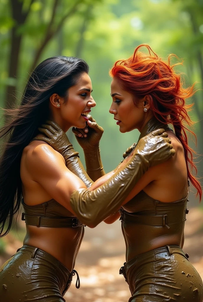 Two bollywood lesbian catfight hair pulling in mud full body in mud stare each other angry