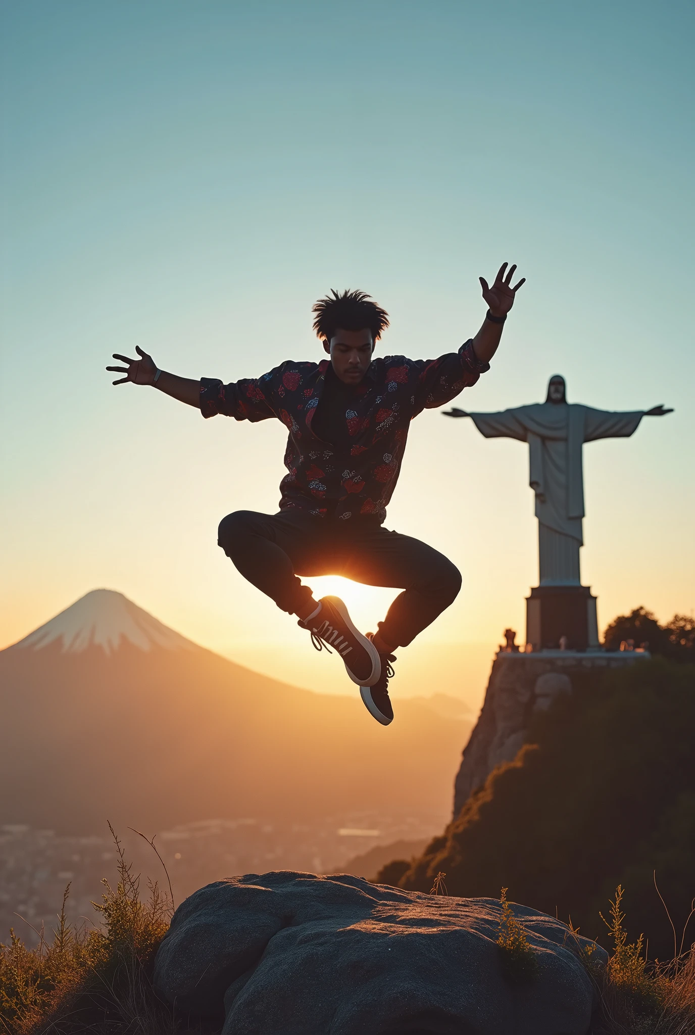 "A breakdancer in a dynamic jump pose , captured at sunset in an iconic setting that combines the Christ the Redeemer statue and Mount Fuji in the background. The dancer displays powerful and fluid movements, wearing casual and modern clothing that contrasts with the grandeur of the monuments. The soft sunlight illuminates the scene, creating dramatic shadows and a cinematic atmosphere, while the clear blue sky adds depth and serenity to the moment."