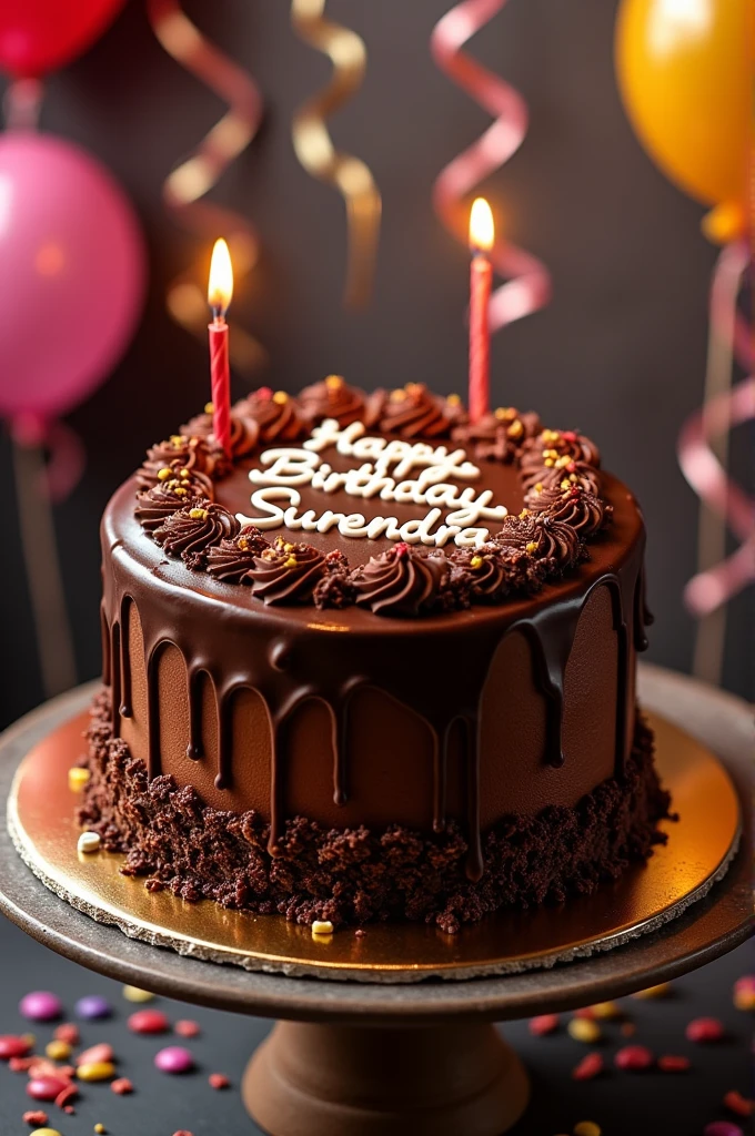 A chocolate cake which says happy birthday Surendra written on it