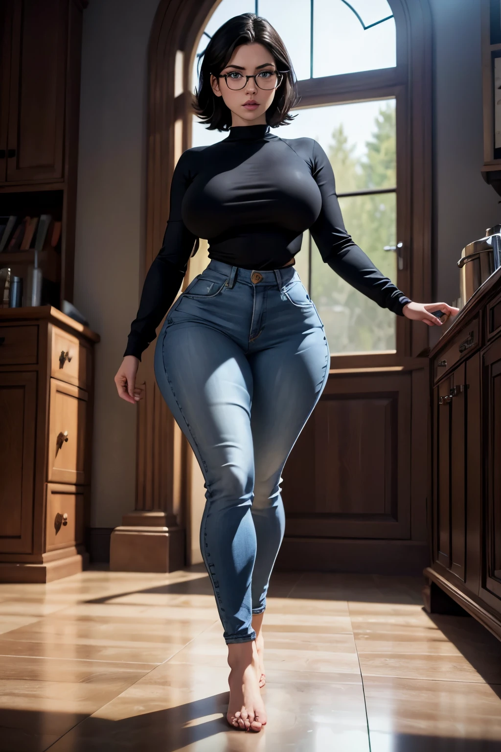 She has a curvy body, with breasts, accentuated thighs and hips.
blue eyes
She's barefoot
full body photo
hyper realistic
She is standing
8k
short black hair
Caucasian skin
intricate details
She usually wears a black sweatshirt, jeans and a crucifix
brown eyes
is on tiptoe
albino skin
photorealistic
cinematic lighting
masterpiece
clear glasses