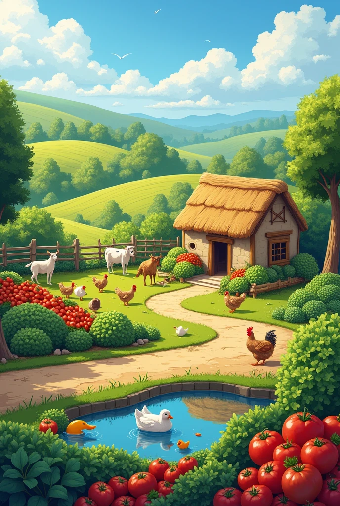 A farmland with a small mud house and some animals like goat, cow , hens and ducks in pond please add vegetable garden . With farm land