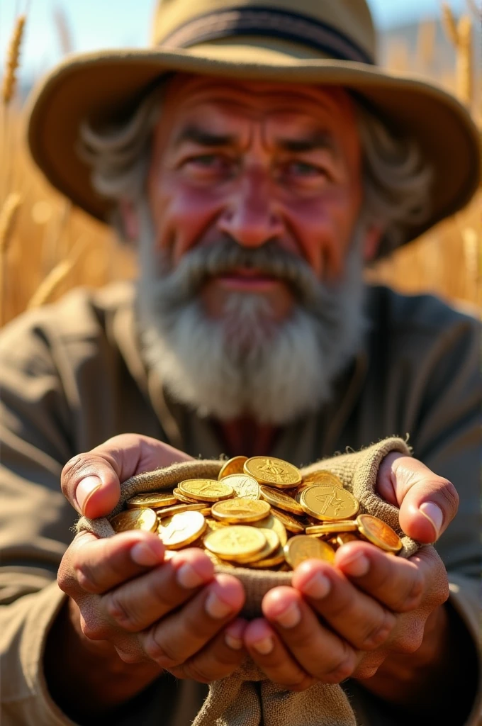 Image of the Discovery:Close-up of the farmer holding a small, worn-out bag filled with gleaming gold coins.