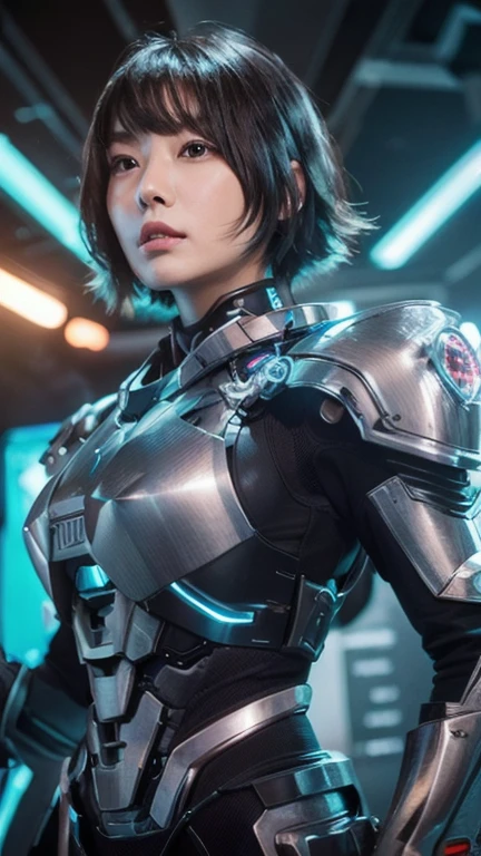 Highest quality, masterpiece, shape, (Realistic, photo-Realistic:1.37), wonderful, In detail, Unbelievably absurd, Very detailed, High resolution, Very detailed CG Unity 8k , Very detailed目と顔, Ray Tracing, The cyborg girl is pure.,She is wearing a mecha armor jacket.。..。.., Exposing most of her flawless skin. Added armor details to shoulders and head.、wonderfulハイライトがいくつかあります, Tech Panels and Mechanisms. She stands against a futuristic cityscape lit up with vibrant neon lights.......、Standing full of energy。.