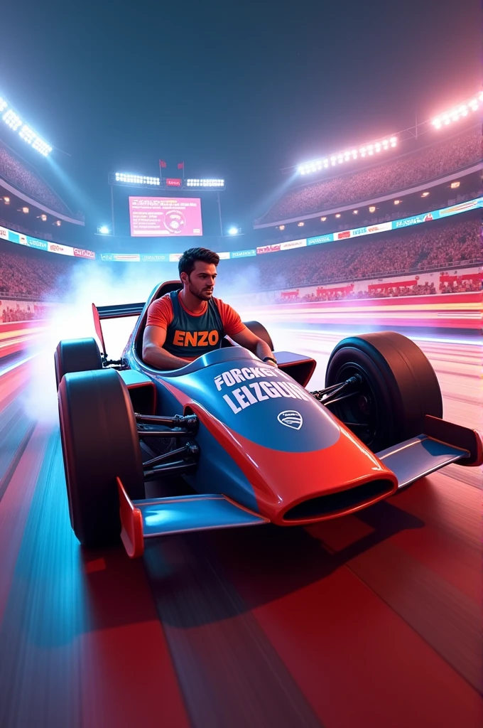 rocket league car with a human with the t-shirt written enzo the bg