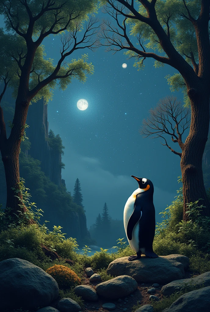 A dense forest rising into the expanse of deep space, with a penguin gazing up at the stars. The scene juxtaposes the grounded nature of the forest with the infinite vastness of space