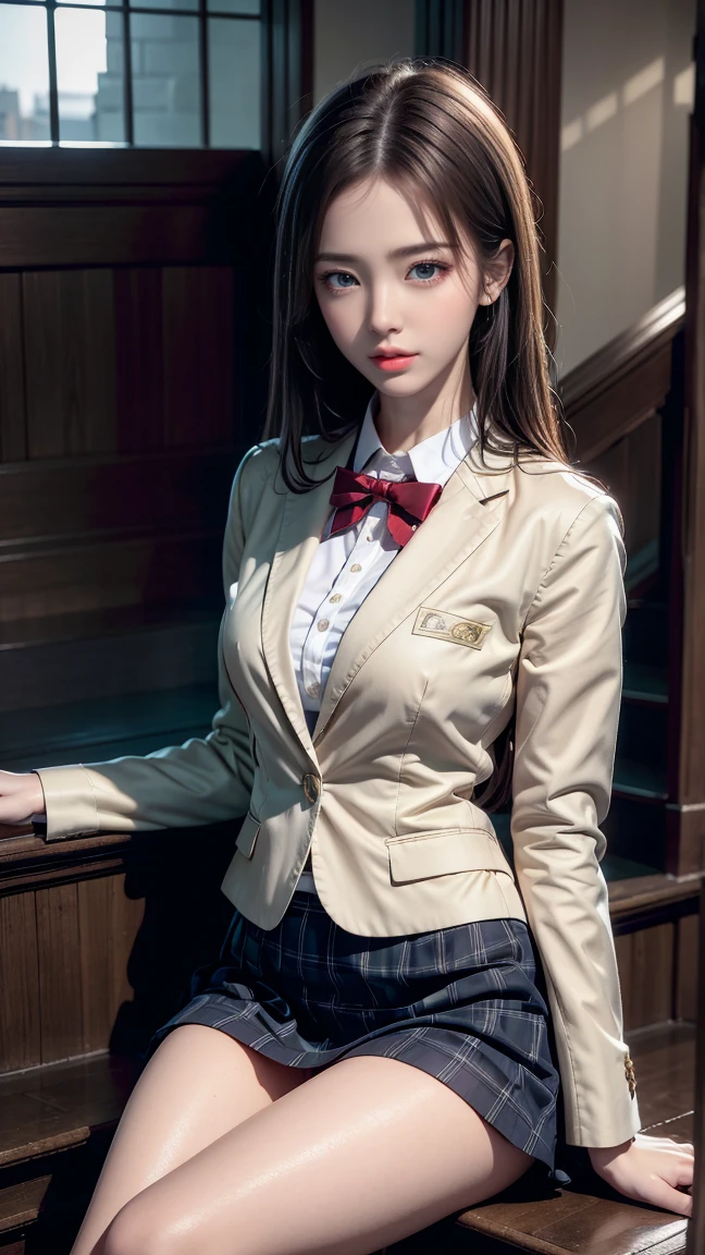 最高品質のWork,actual Work,Super premium graphics,8K HD CG Operation,High quality graphics,고화질 CG Work,10x the pixels,extremely fine details:1.1,Advanced technical details:1.1 true,(Sitting cross-legged on the stairs)Natural light:1.5. Lighting effects(virtual Lighting effects:1.8),、Short black bob and lip gloss)Hairstyles with great attention to detail(Premium hair details:1.1)Clear eyes,beautiful double eyelids,sharp eye makeup, Exquisite eyelash makeup, Thin eyebrows, very fine particles,high nose, I like red lips, rose cheeks, No makeup, no makeup , cute face, Perfectly balanced face,(Advanced facial details:1.1),The Shining,Very coolドレス,Big red series,((Front open wet white blazer)) 、(透け感のあるwet白いブラウス)、(Red bow tie)、(wet Check Skirt)、、 、photo shoot,Miss'Work,Full body portrait,realism,Very cool,My eyes are sparkling today too、(8. she'That'wet)),(Sudden rain、Wind),(Windでスカートが舞い上がる),(i can see your pants)、