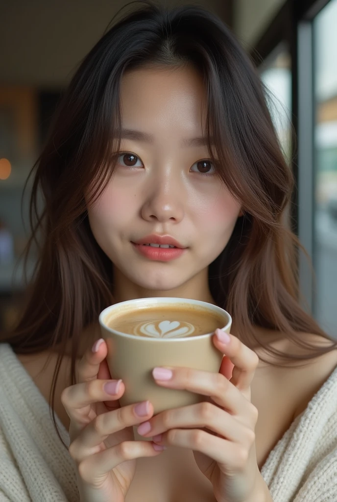 A beautiful Japanese woman in her early 20s with long hair and a sleepy expression, full frontal nude, no underwear、is holding a coffee cup and drinking a latte、Holding the camera for a selfie、