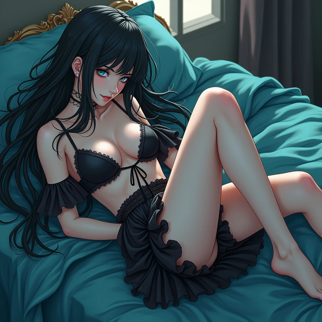 Male, sexy, long black hair, teal blue eyes, young, gothic black and ocean blue frilly clothes. Delicate facial hair, no body hair, seductive, white, and pale. Sexy pose. Anime style. hot. shiny. thick and shiny legs. Sexy hips. nice detailed texture. masterpiece. beautifully drawn face. exposed legs. legs open. No facial or body hair. Legs open. Laying on a bed and legs open. Male. 
