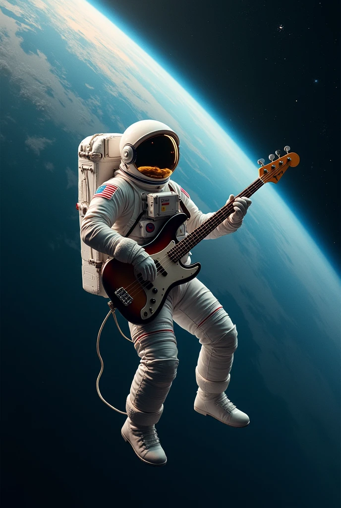 Astronaut playing bass in space, close to Earth.