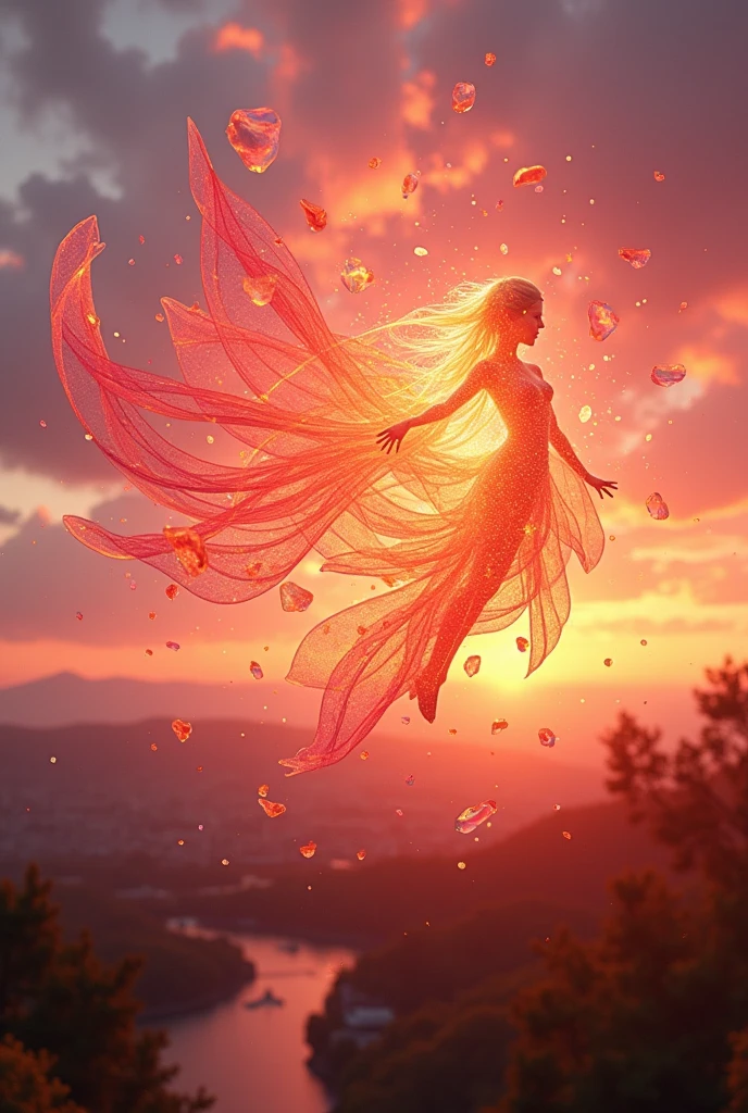 Please draw some holographic fragments dancing in the evening sky.。The sky is a warm sunset color、Red or orange、Use pink gradation、Creates an emotional and ephemeral atmosphere。

The hologram fragments are transparent.、It depicts the light as if it is reflecting、Movements like dancing in the air、Please show how tiny particles are suspended in the air.。This、Creates a futuristic yet ephemeral feel。

In the background、Depicts the landscape of the revived Kivotos。The restored cityscape and scenery of Kivotos spread out in a peaceful and beautiful state.、Please describe it carefully。Fragments of holograms floating in the air、The contrast with the revived Kivotos scenery creates a beautiful visual.。