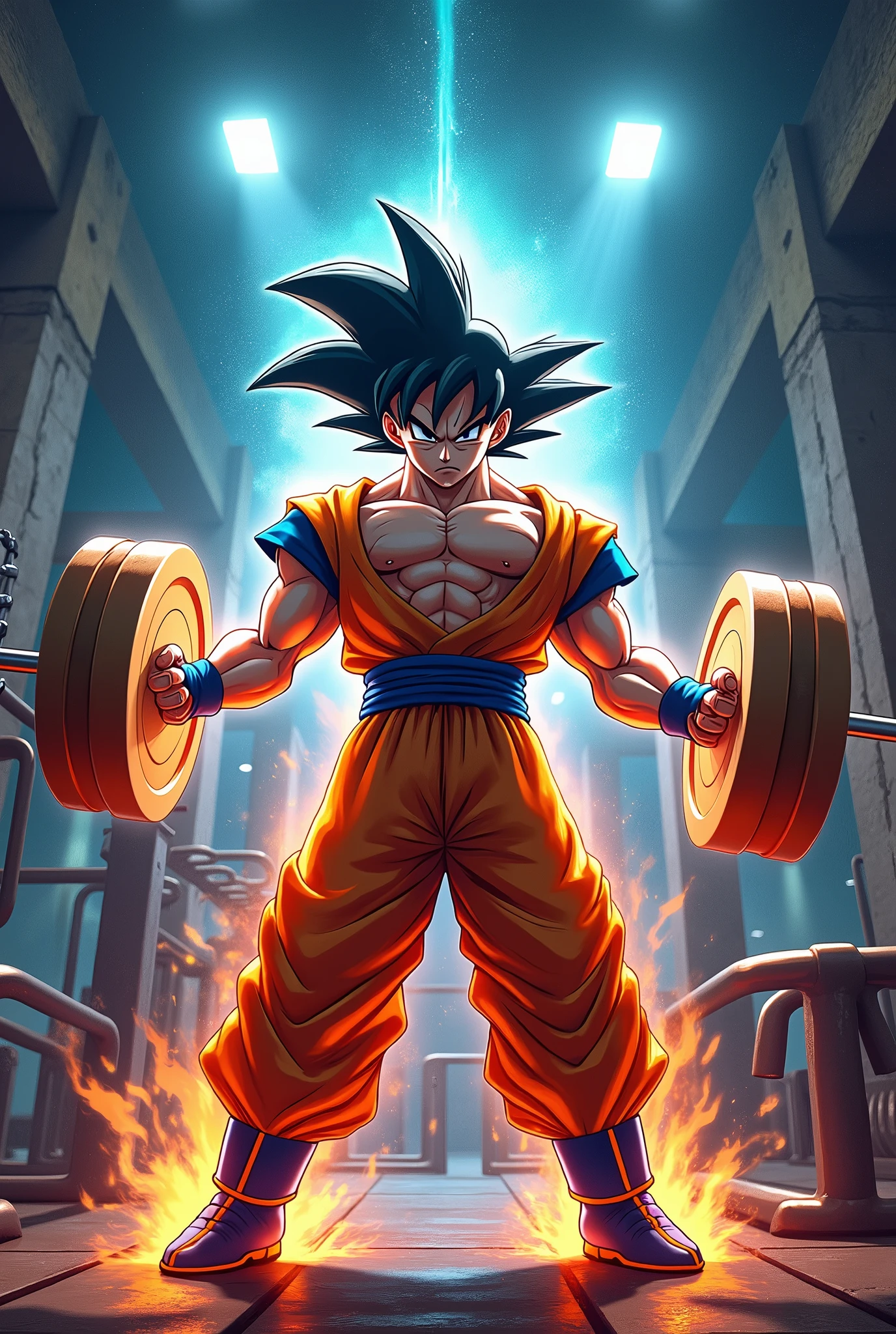 (gym scene) Goku lights up in the gym, intense training, muscular physique, sweat dripping, Directed expression, muscle flexion, bulging biceps, ripped abs, heavyweight, vibrant energy, explosive power, Dynamic movement, determination, passionate training, Adrenaline, Super Saiyan aura, vivid colors, Vibrant atmosphere, gym landscape, energy rays, intense training, push the limits, Training Assembly, Train like a warrior, Optimal physical condition, muscle definition, high intensity training, sculpted physics, epic transformation, Courage and determination, iconic pose, burning energy, Fierce determination, gymnastics warrior, Sculpt the perfect body, superhuman strength, push the limits, Weightlifting Mastery, incredible resistance, The unstoppable spirit of Goku, The Journey to Greatness, Unlimited potential.