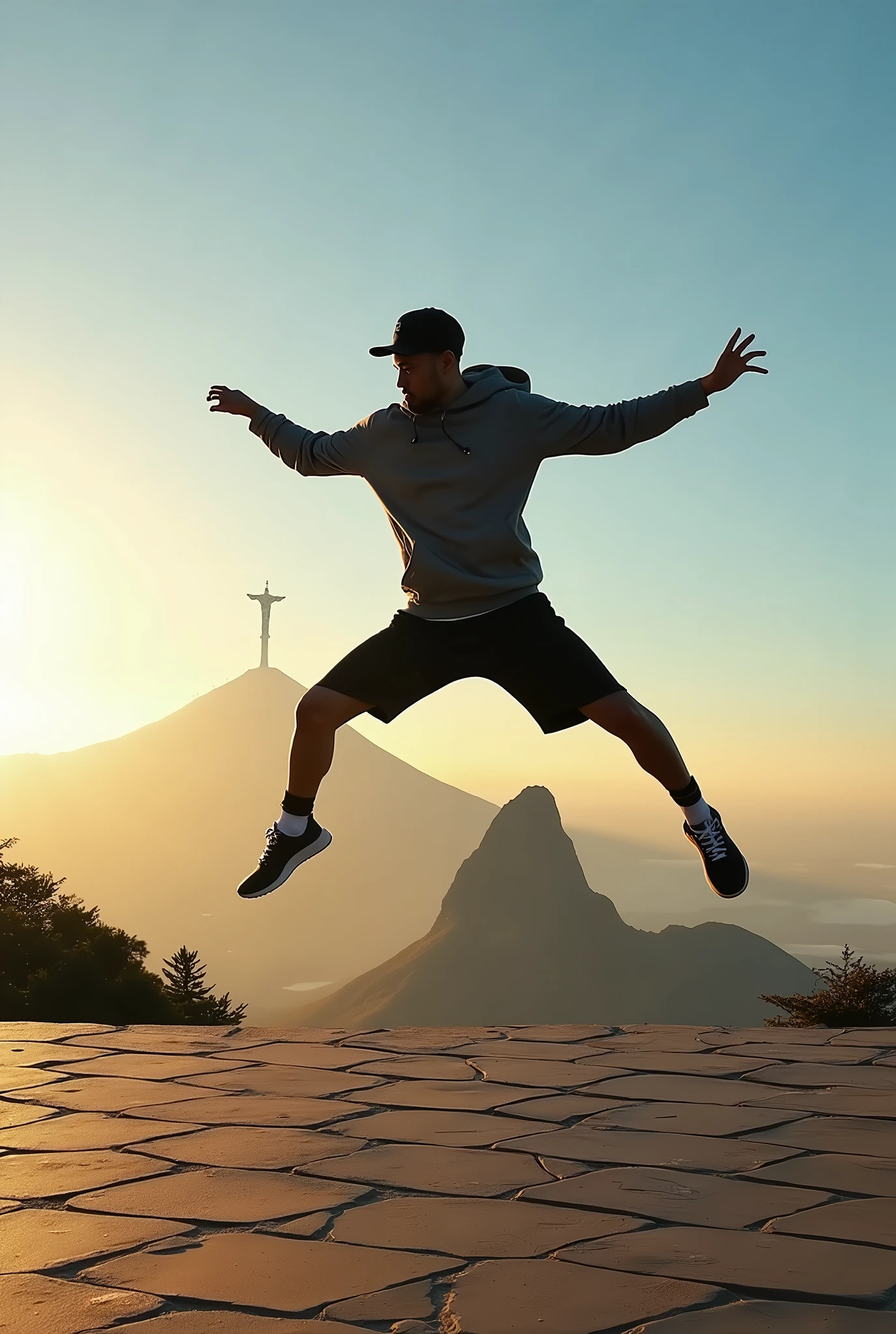"A breakdancer in a dynamic jump pose , captured at sunset in an iconic setting that combines the Christ the Redeemer statue and Mount Fuji in the background. The dancer displays powerful and fluid movements, wearing casual and modern clothing that contrasts with the grandeur of the monuments. The soft sunlight illuminates the scene, creating dramatic shadows and a cinematic atmosphere, while the clear blue sky adds depth and serenity to the moment."
