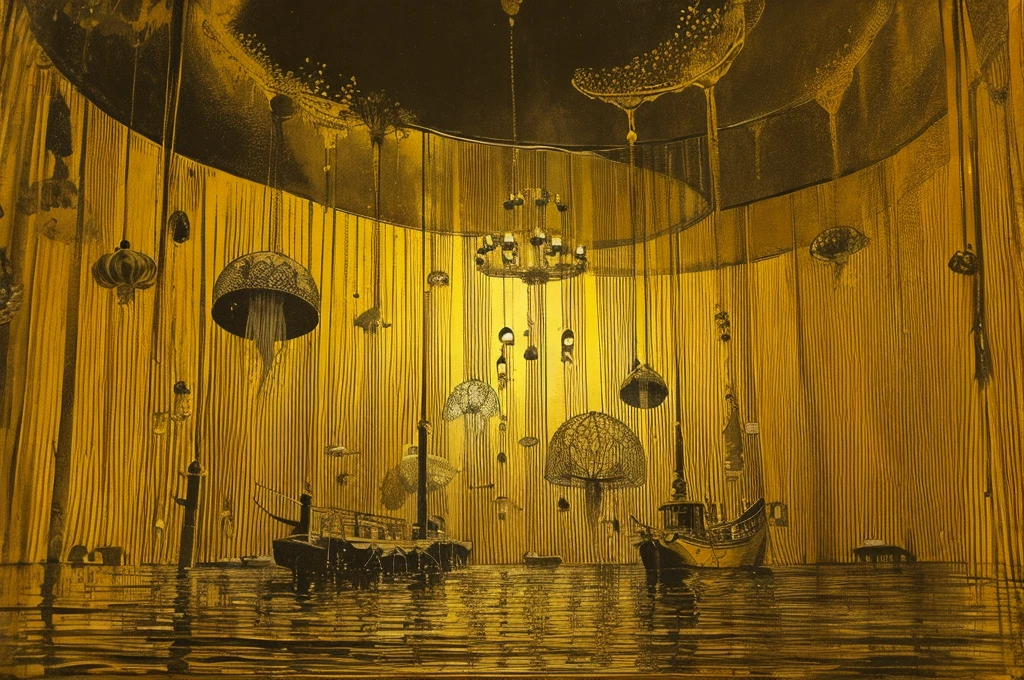 very large,one jellyfish,monochrome,old painting,yellow background,Rantan,castle